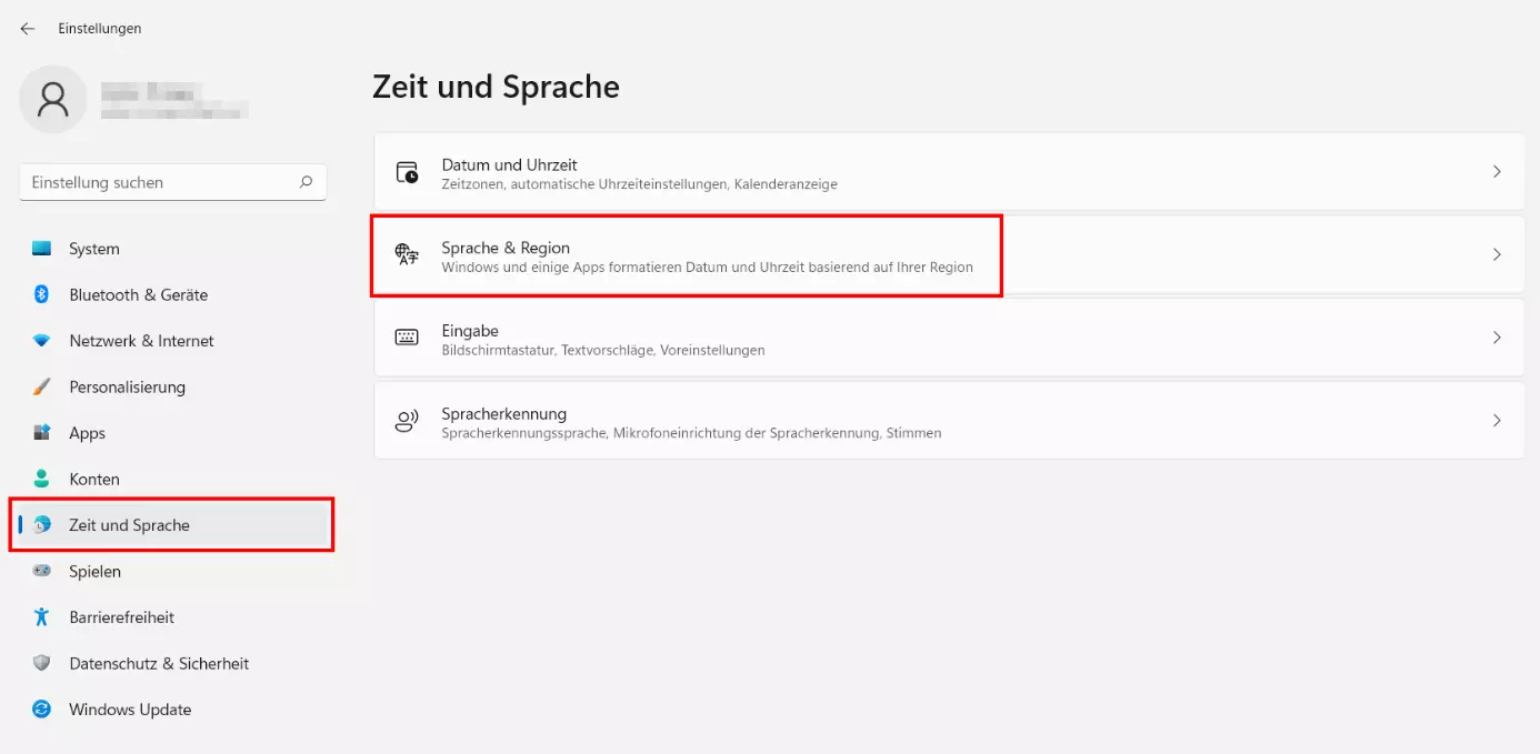 Windows 11: „Sprache & Region“-Rubrik in den Einstellungen