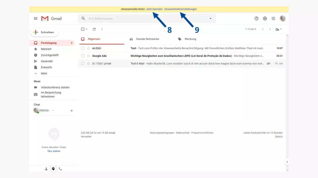 Gmail-Abwesenheitsnotiz: Die aktive Abwesenheitsnotiz wird farbig angezeigt.