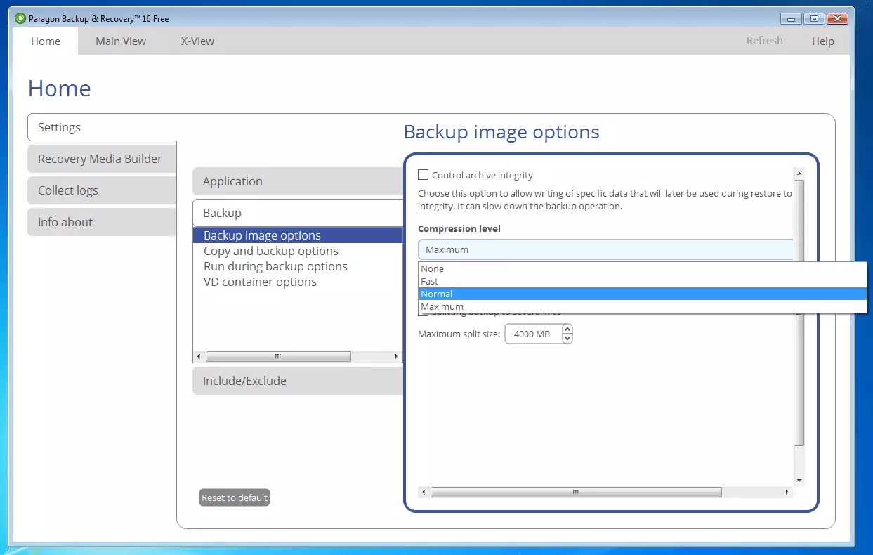 Paragon Backup & Recovery 16 Free: Backup-Image-Optionen zur Kompression