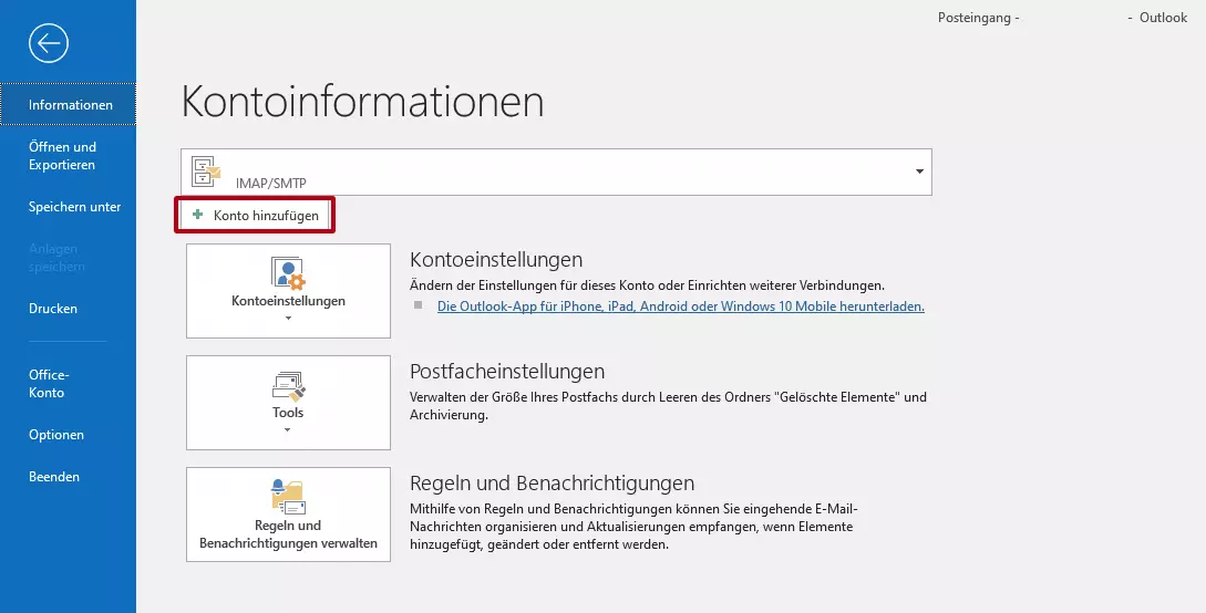 Outlook: Button „Konto hinzufügen“ 