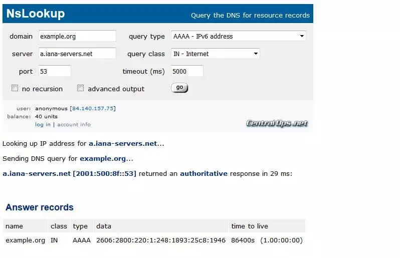 NsLookup bei centralops.net