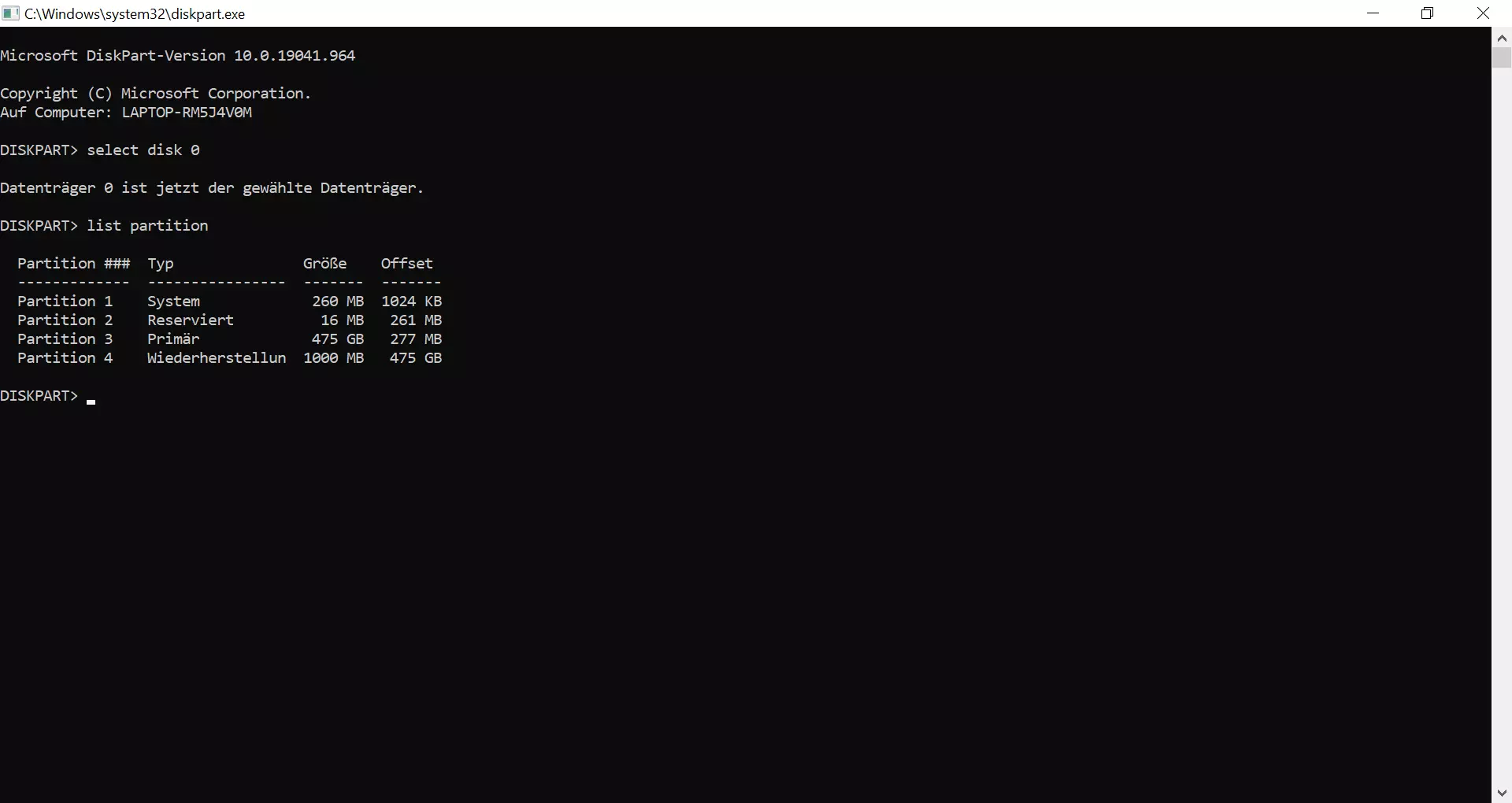 Screenshot des Fensters „C:\Windows\System32\diskpart.exe“