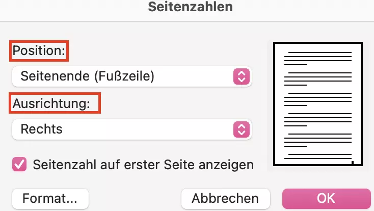 Position und Ausrichtung für Word-Seitenzahlen festlegen