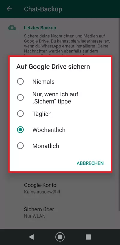 WhatsApp-Chat-Backup-Menü für Google Drive 