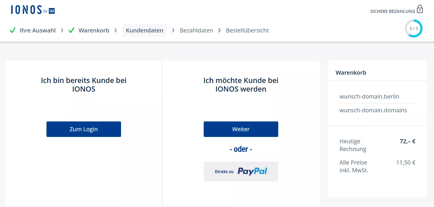 Domain-Registrierung bei IONOS: Kunden-Login