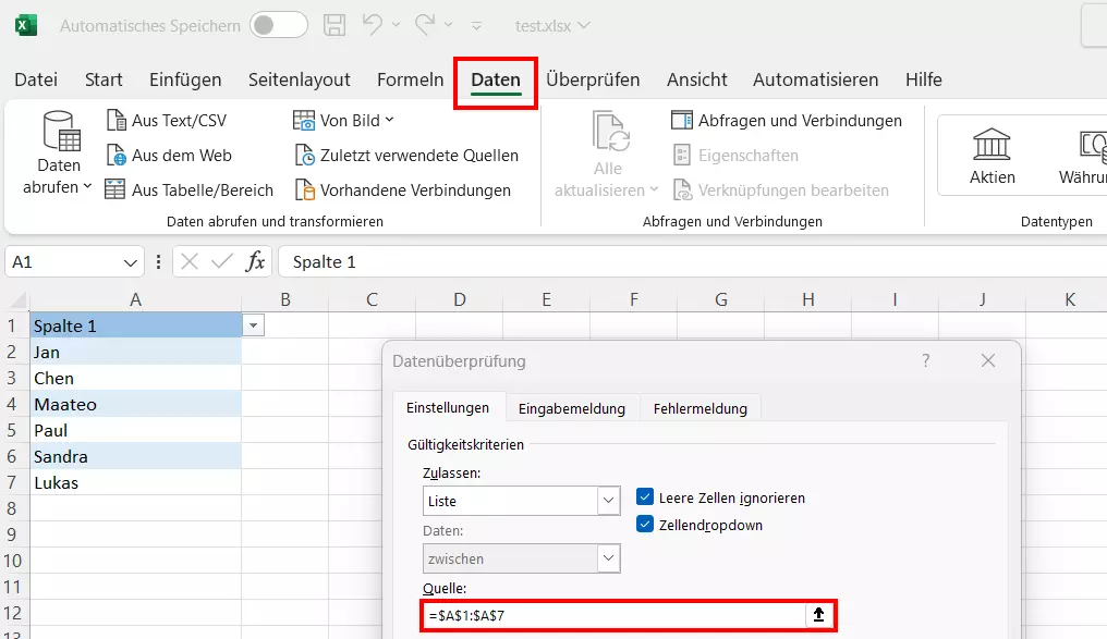 Excel-Dropdown bearbeiten mithilfe der Datenüberprüfung