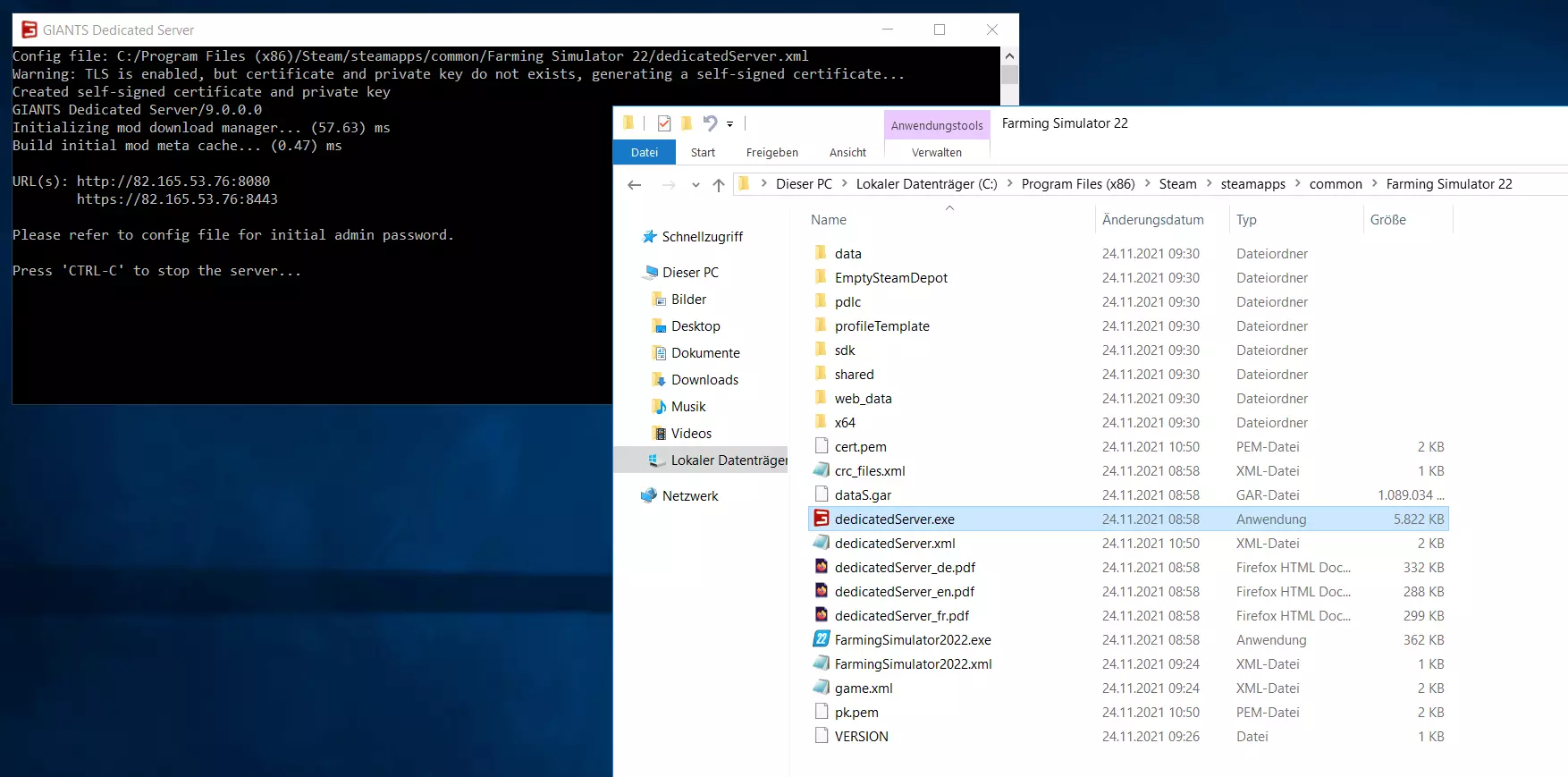 Farming Simulator 22: dedicatedServer.exe im Verzeichnis