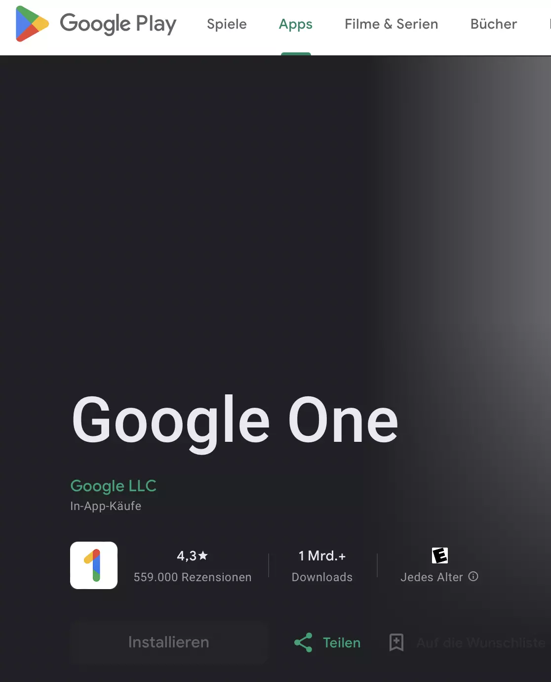 Die Google One App im Google Play Store