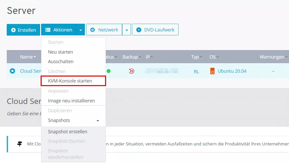 IONOS Cloud Panel: KVM-Konsole starten