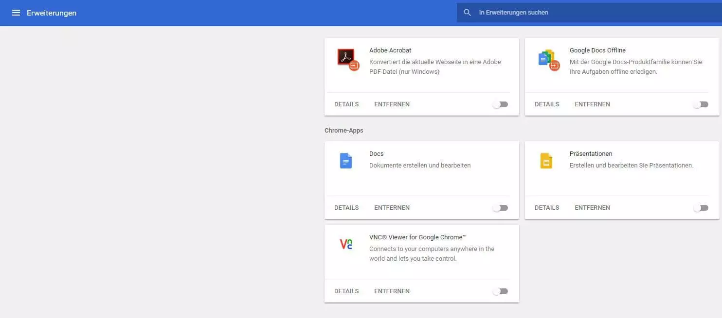 Auflistung installierter Erweiterungen in Google Chrome