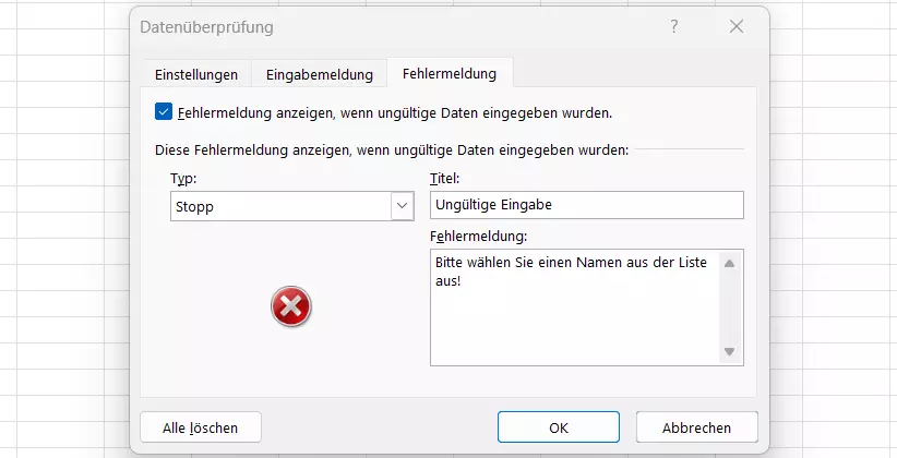 Excel-Dropdown erweitern durch Fehlermeldung