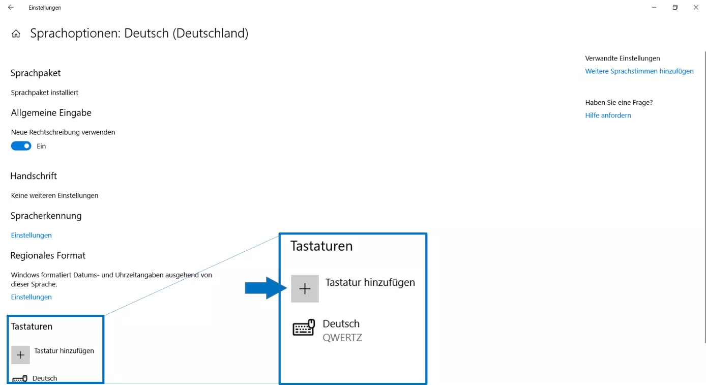 Sprachoptionen in Windows 10: Tastatur hinzufügen