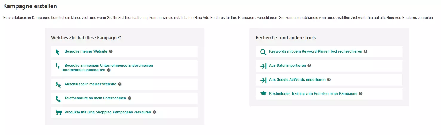 Menü zur Auswahl von Zielen bei der Erstellung einer Kampagne in Bing Ads