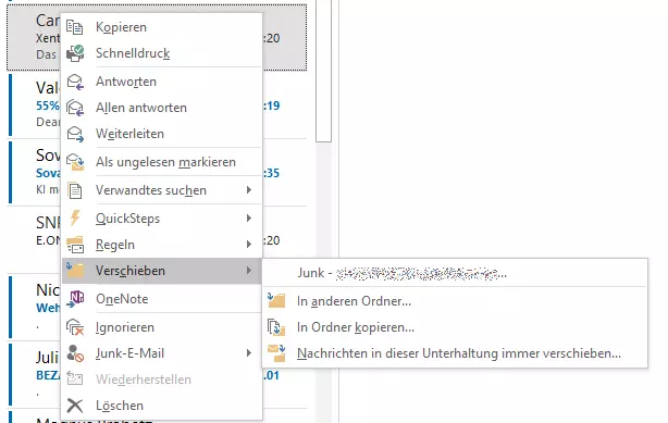 Kontextmenü einer E-Mail im Ordner „Gelöschte Elemente“ 
