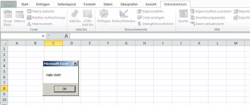 Das Beispiel-Makro im Einsatz: Dialogfenster „Hallo Welt!“