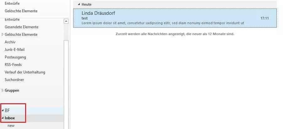 Hinzugefügtes Postfach „BF“ im Outlook-Ordnerbereich