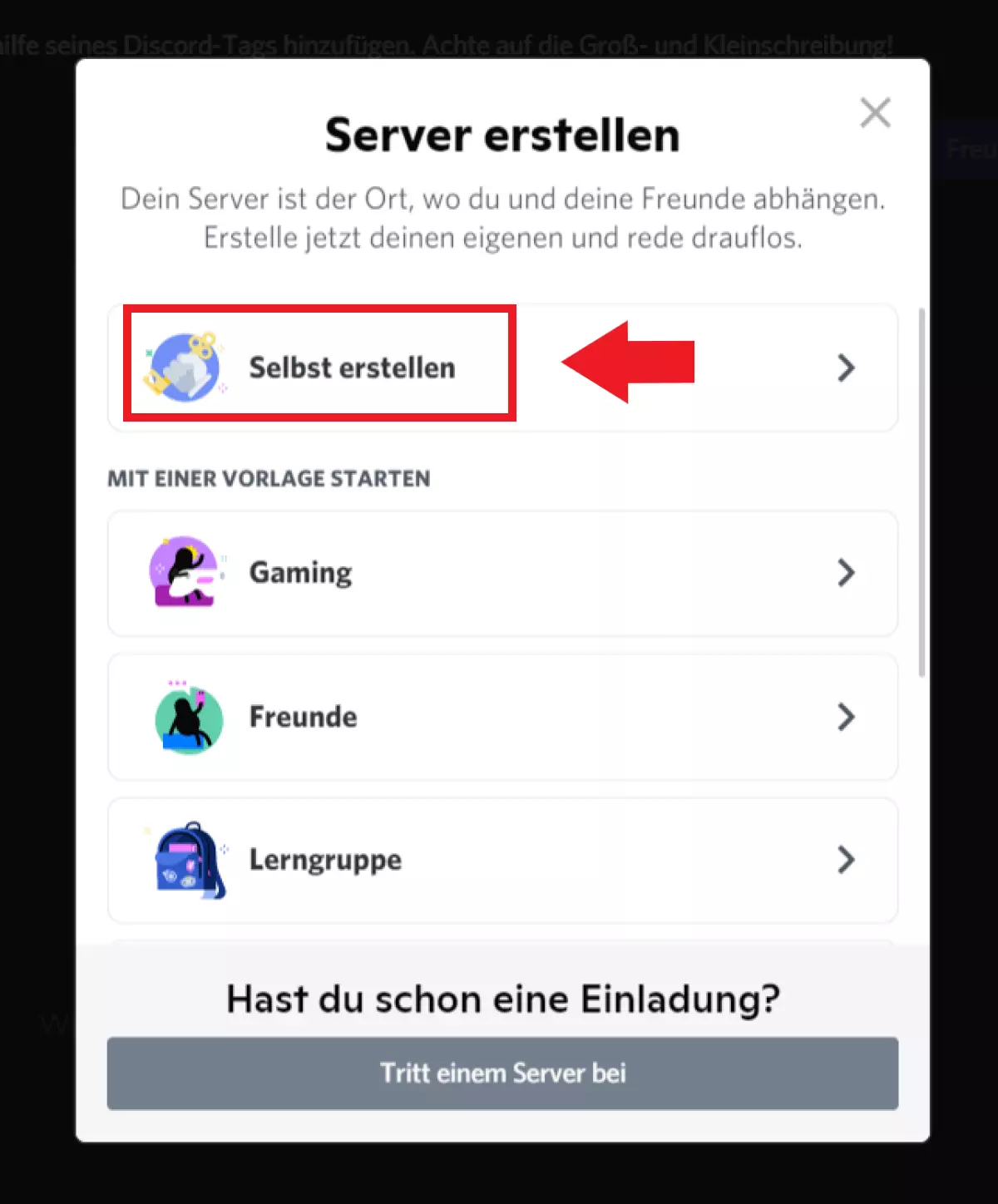 Klicken Sie im sich öffnenden Fenster auf „Server erstellen“