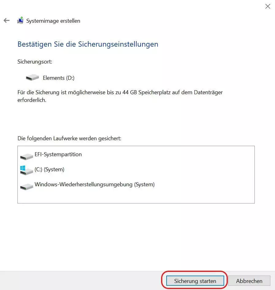 „Sicherung starten“ zum Anfertigen des Backups