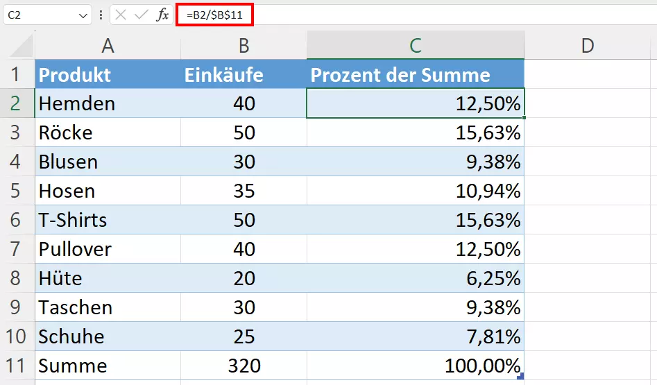 Prozente einer Summe in Excel berechnen