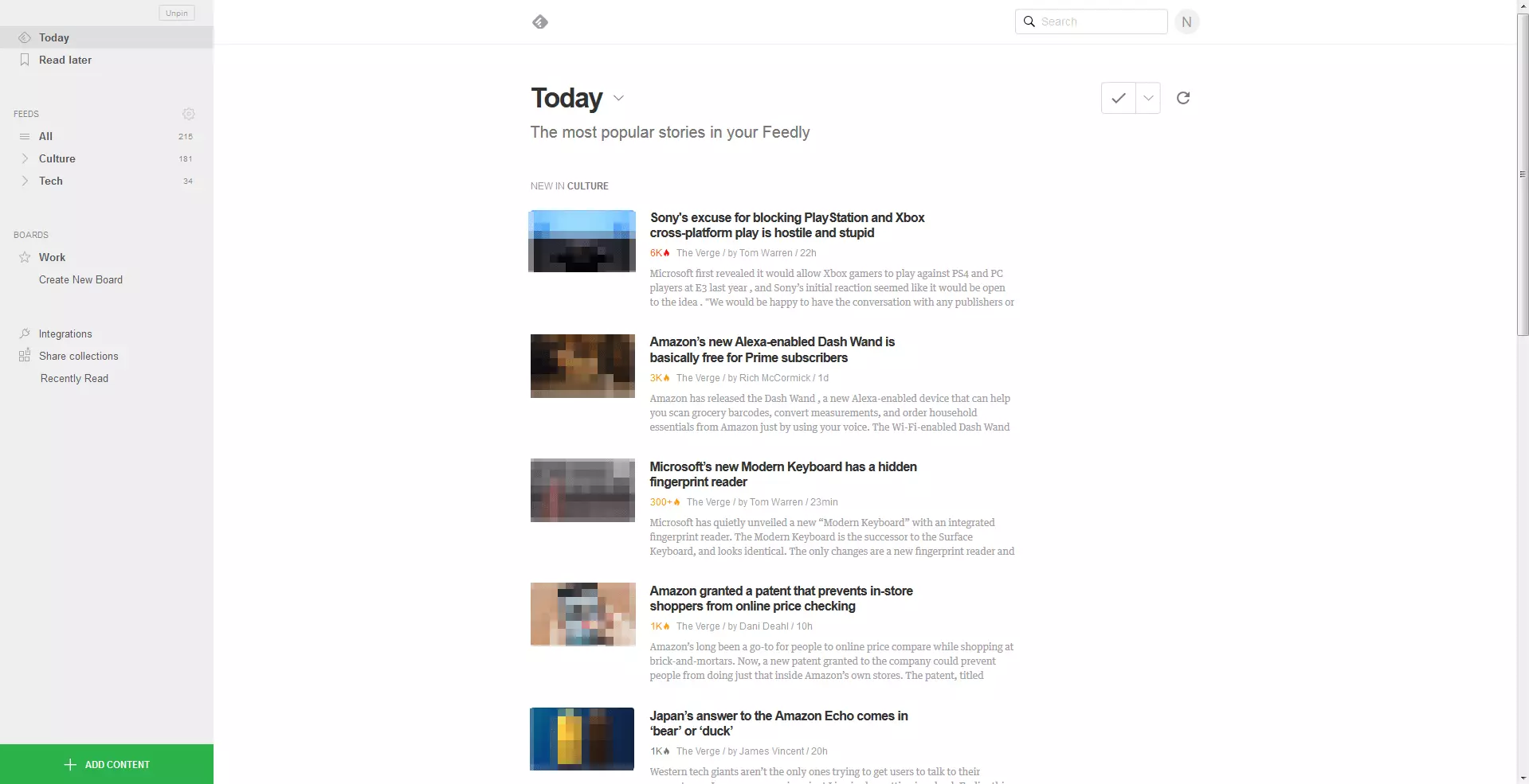 Interface von Feedly