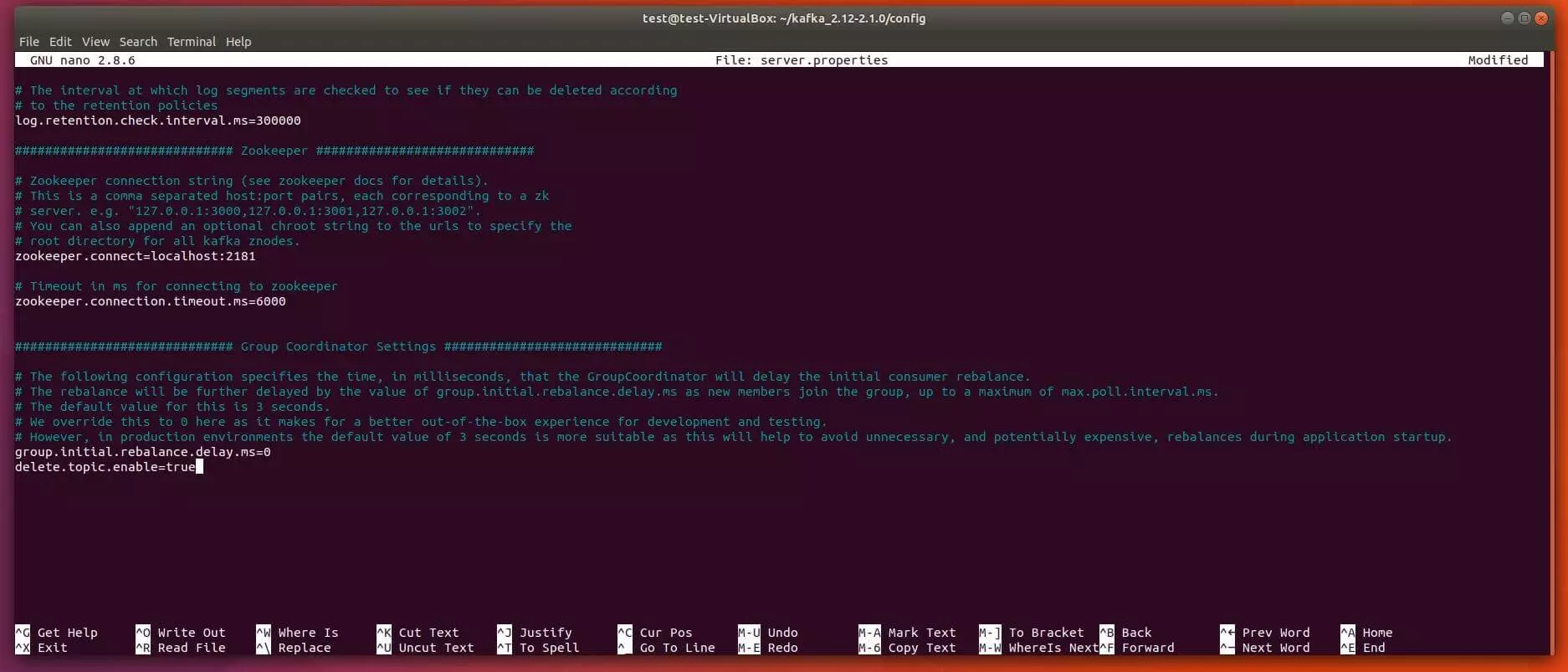 Kafka-Konfigurationsdatei server.properties im nano-Editor
