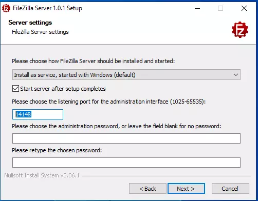 FileZilla Server Settings mit Portnummer