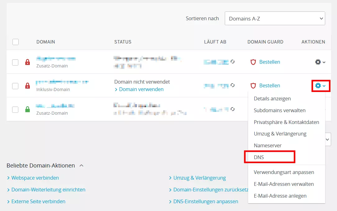 Übersicht der registrierten Domains im IONOS Nutzerkonto