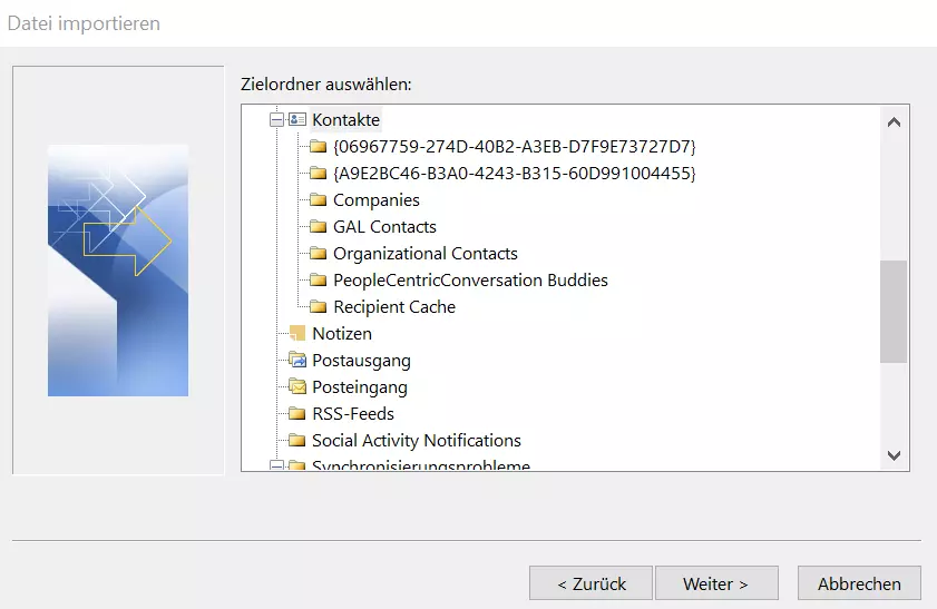 Import/Export-Assistent in Outlook 365: Auswahl des Import-Zielordners