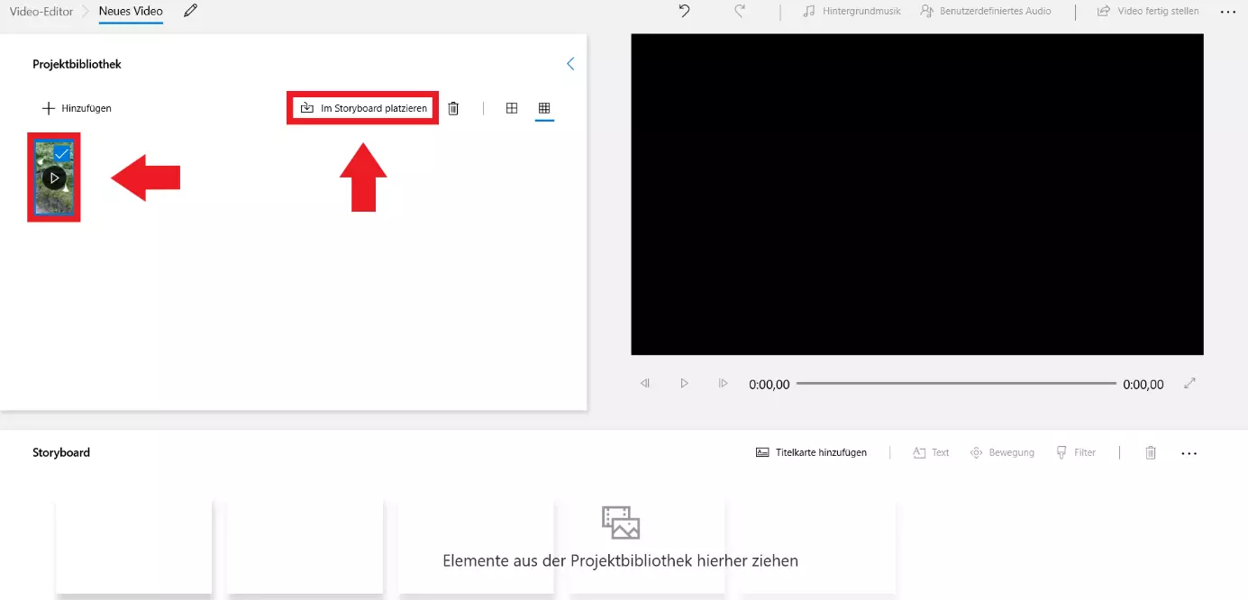 Klicken Sie auf das Video und auf „Im Storyboard platzieren“