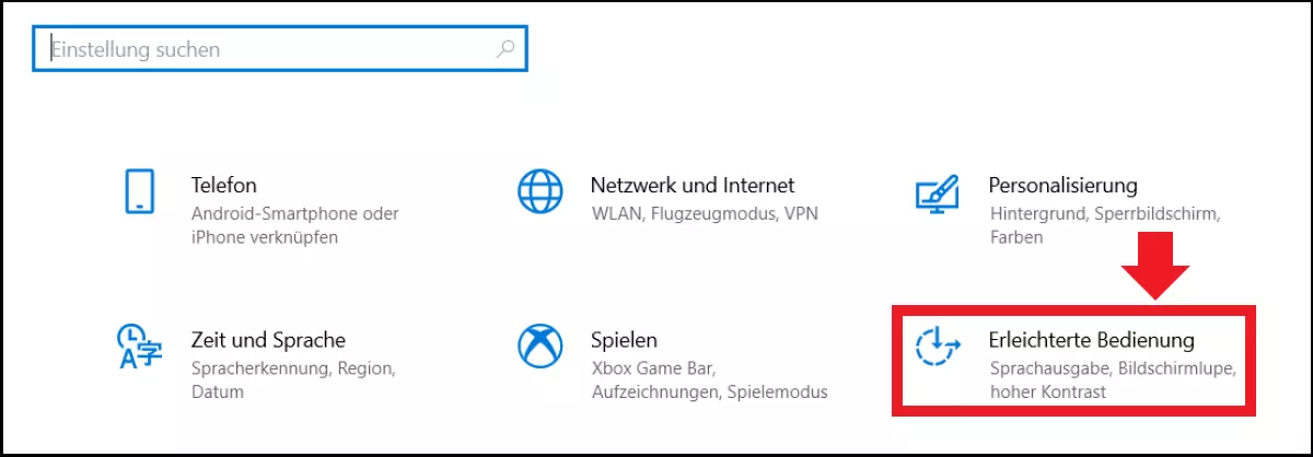 Windows-10-Menü „Erleichterte Bedienung“ auf der Windows-Einstellungen-Seite