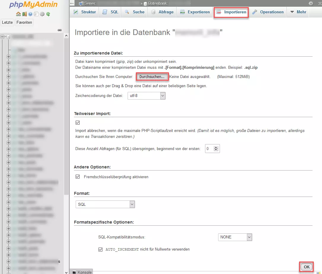 phpMyAdmin – Datenbank importieren