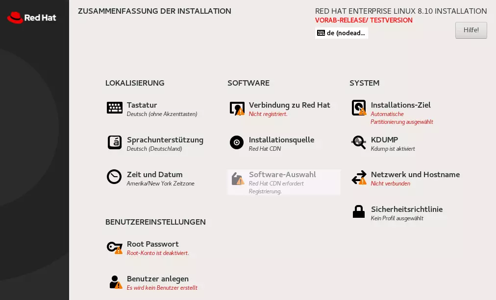 Screenshot des Installationsmenüs