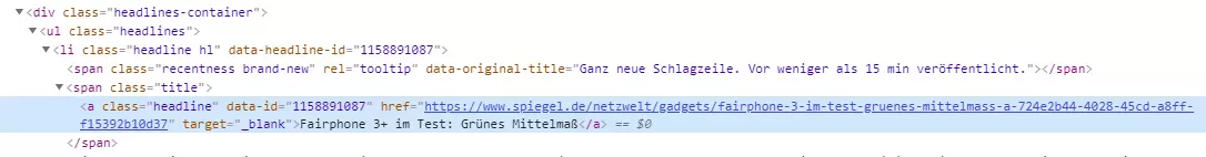 Screenshot des Quellcodes von newstral.com