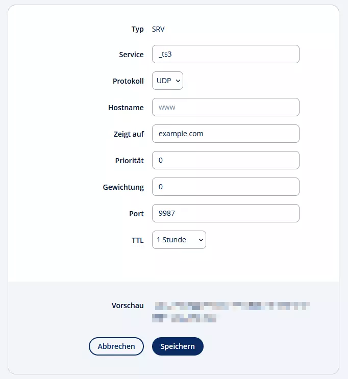Eingabemaske für SRV-Record bei IONOS