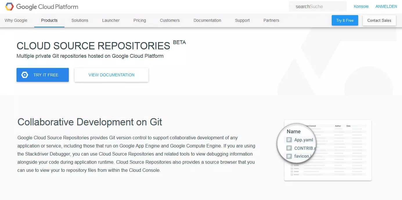 Startseite von Cloud Source Repositories