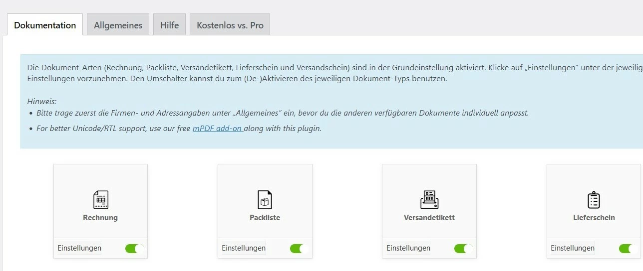 Menü des WebToffee-Rechnungs-Plugins für WooCommerce