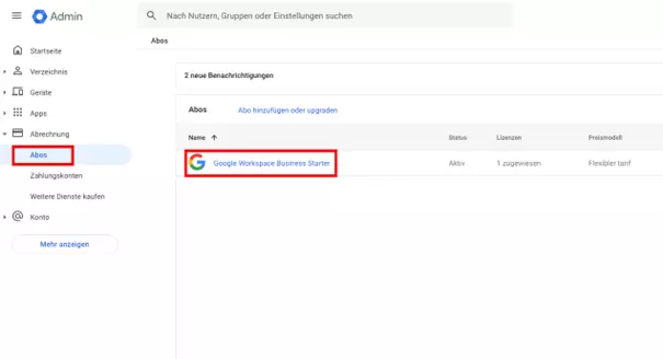 Übersicht der gebuchten Abos in der Admin-Konsole von Google Workspace