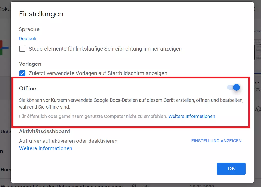 Regler, über den man die Google-Docs-Offline-Verwendung aktiviert