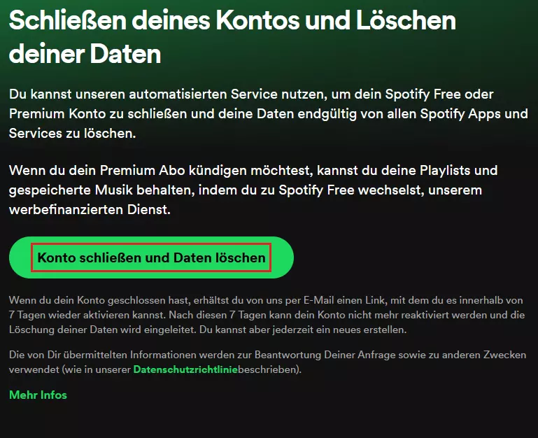 Spotify: „Konto schließen und Daten löschen“-Dialog