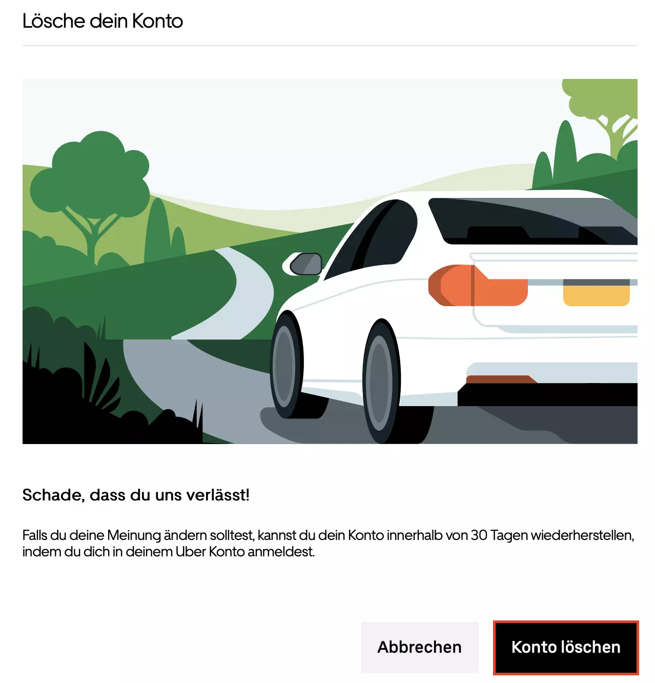 Screenshot der Kontolöschung auf der Uber-Website