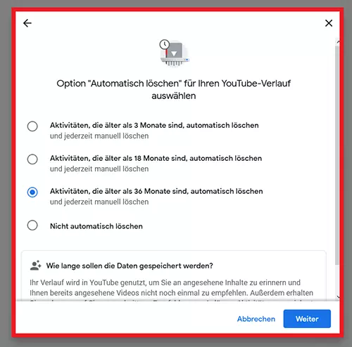 Aktivierung der Option „Automatisch löschen“