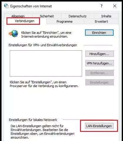 Menüpunkt „Verbindungen“ in den Windows-10-Internetoptionen