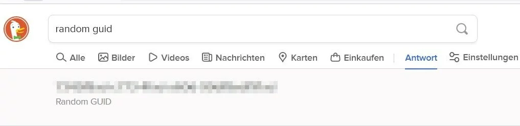 Screenshot eines DuckDuckGo-Suchresultats zur Eingabe „random guid“