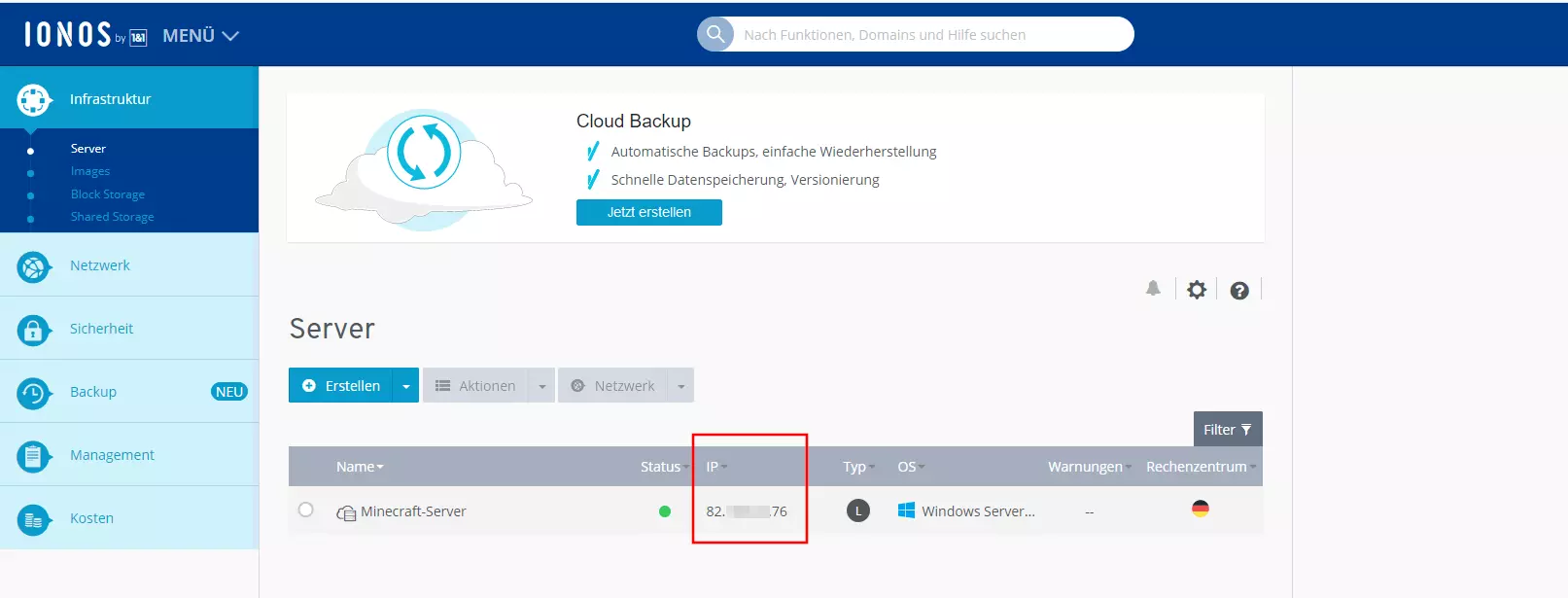 Server-Übersicht inklusive IP-Adresse im IONOS Cloud Panel