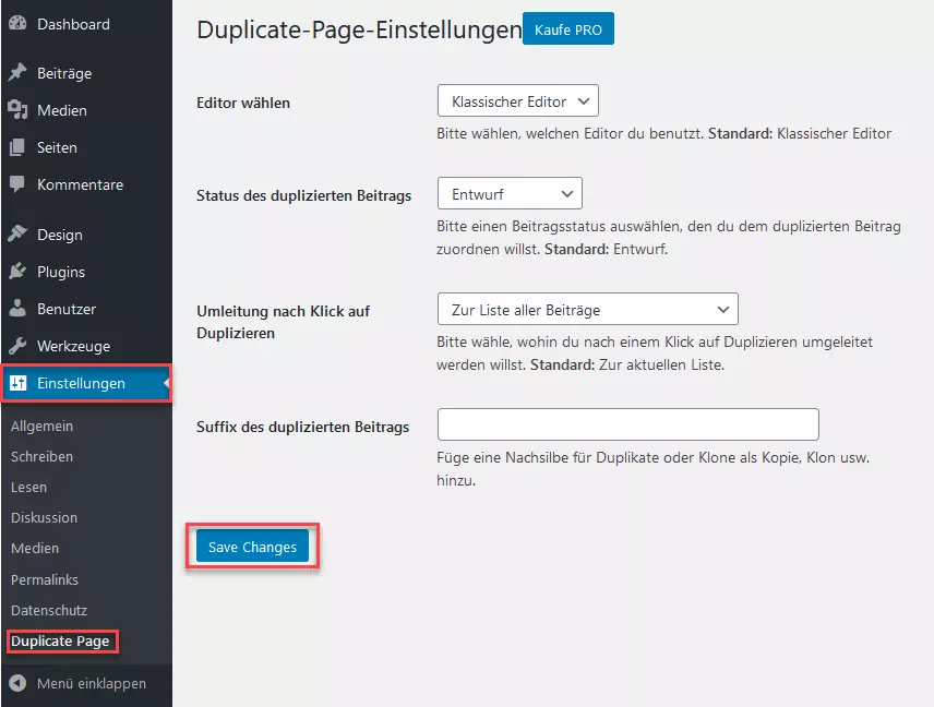 Einstellungsmöglichkeiten für Duplicate Page