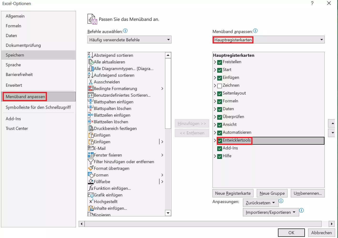 Excel: Entwicklertools hinzufügen