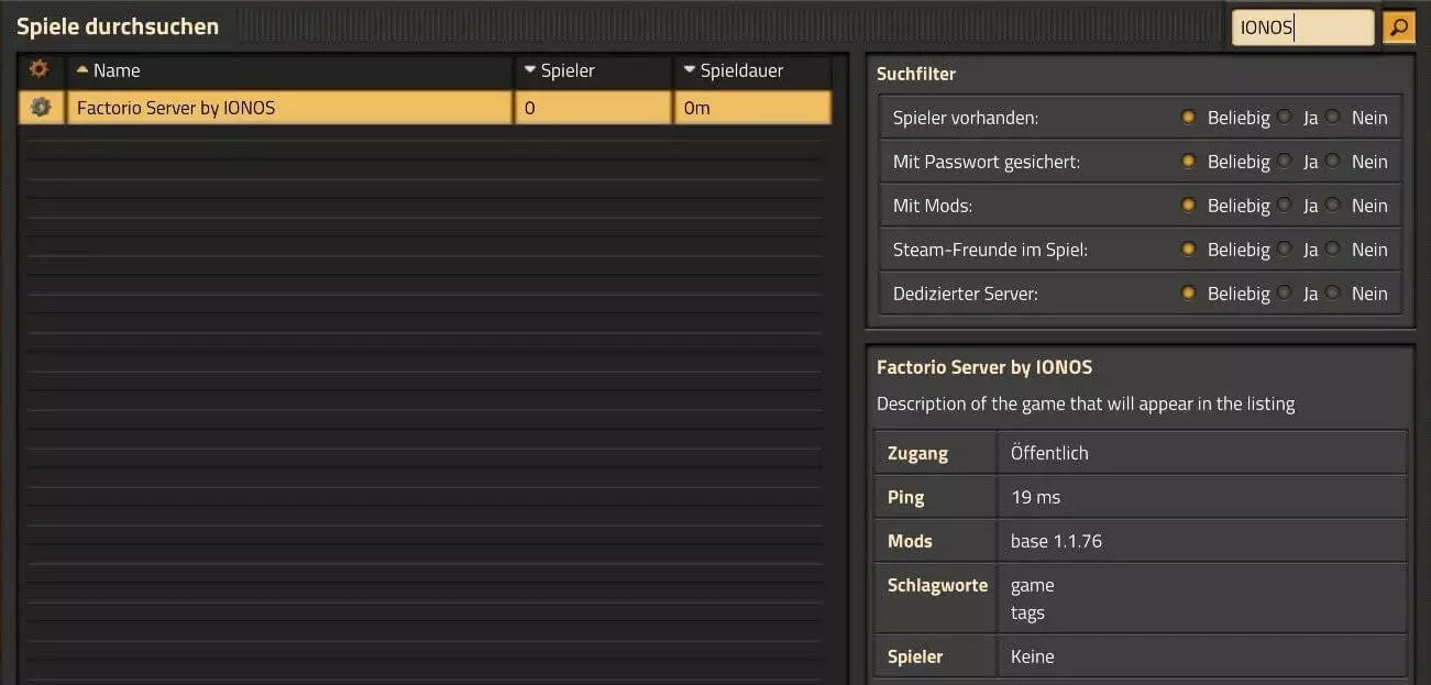 Screenshot aus Factorio: Serverübersicht