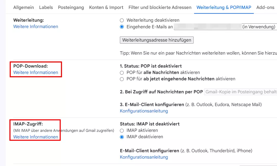 Gmail-Einstellungen für POP/IMAP/SMTP-Auth