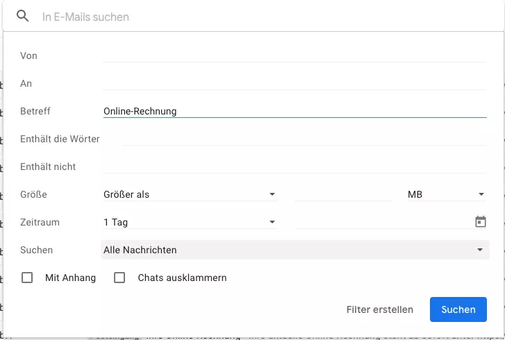 Such- und Filteroptionen in Gmail