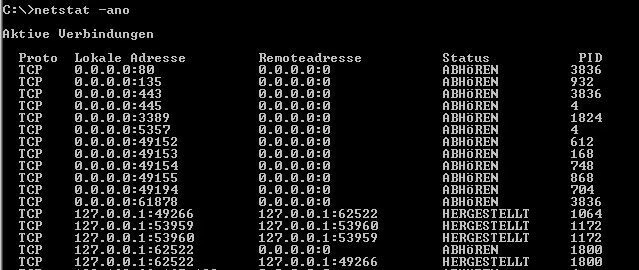 Windows-Kommandozeile: Befehl „netstat -ano“